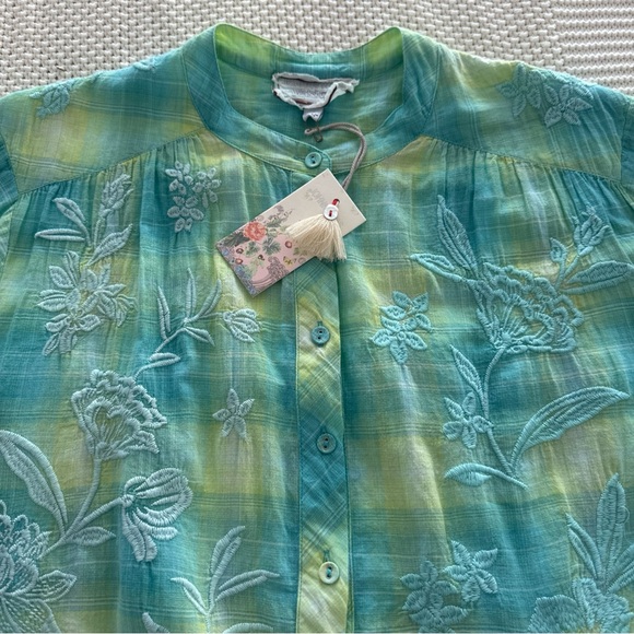 Johnny Was Turquoise and Lime Plaid Hazel Shirred Yoke Blouse XS NWT - Picture 6 of 8